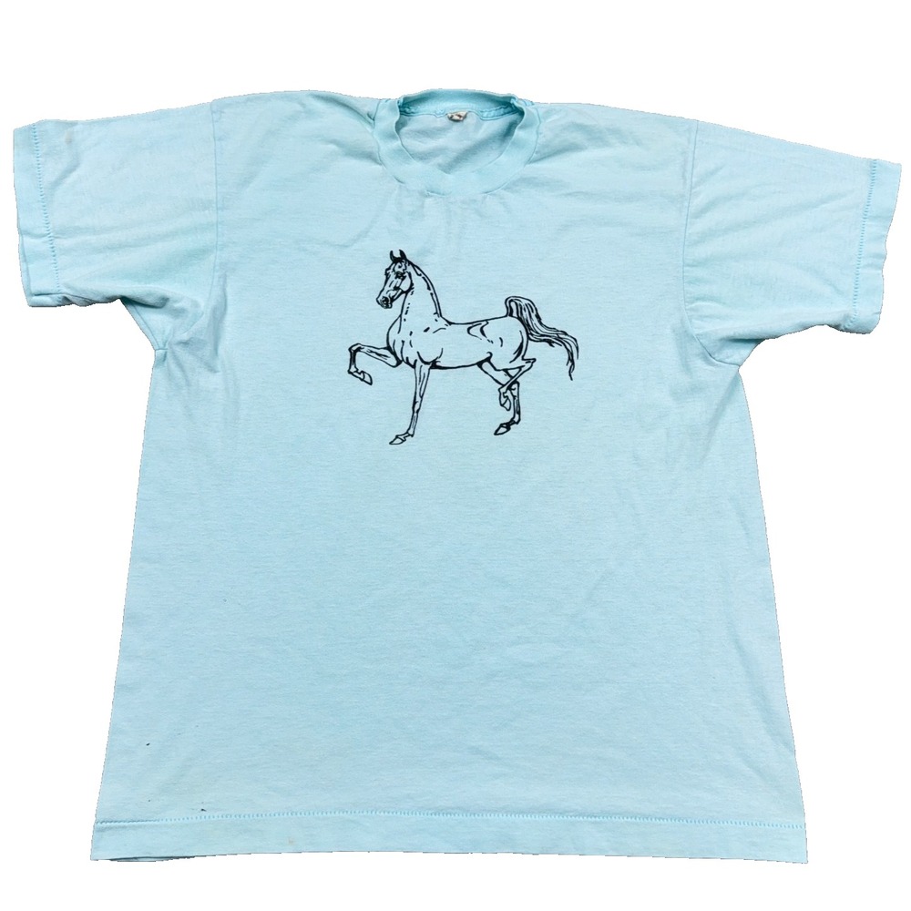 Vintage Screen Stars Shirt Men Large Blue Single Stitch Tee Horse Derby 80s USA